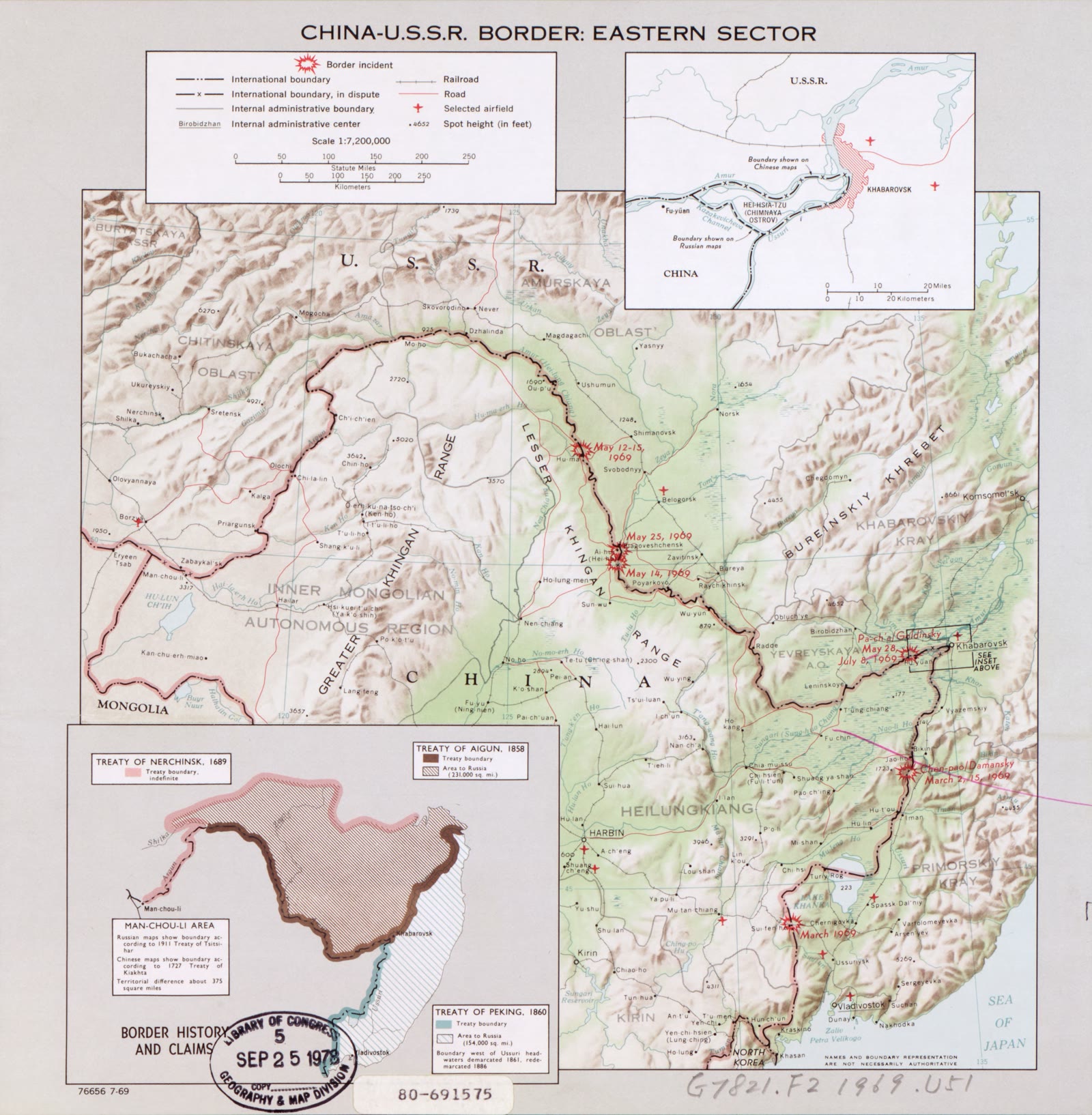 A 1969 CIA map of the eastern sector of the China–USSR border with relief shading.