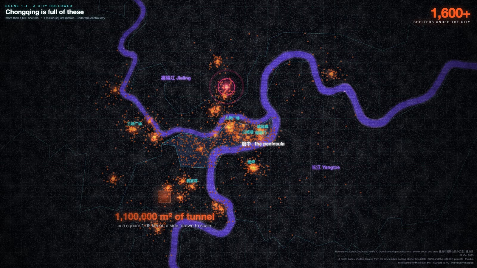 A dark map of central Chongqing with the shelter sites as points of light, the two rivers in violet.